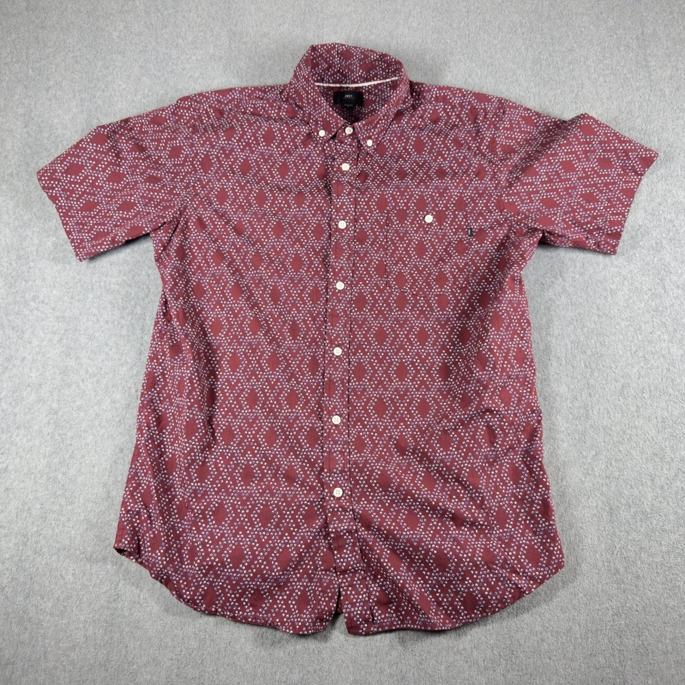 Obey Button Down Shirt Mens L Red Burgundy Geometric Diamond‎ Short Sleeve